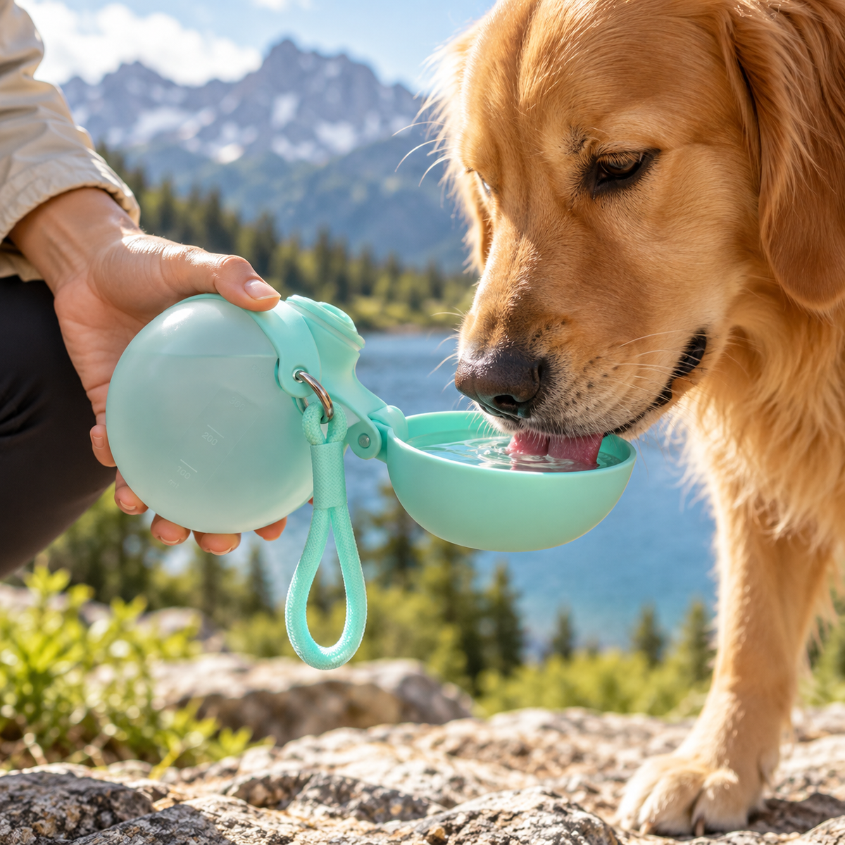 AquaMove con perro bebiendo del cuenco durante una escapada junto al lago