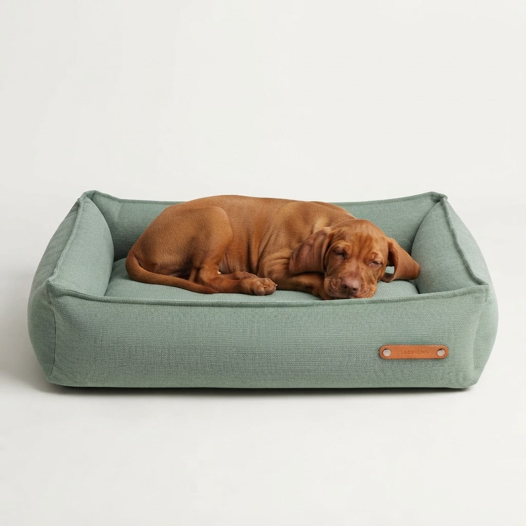 Bosca cama verde azulado con perro