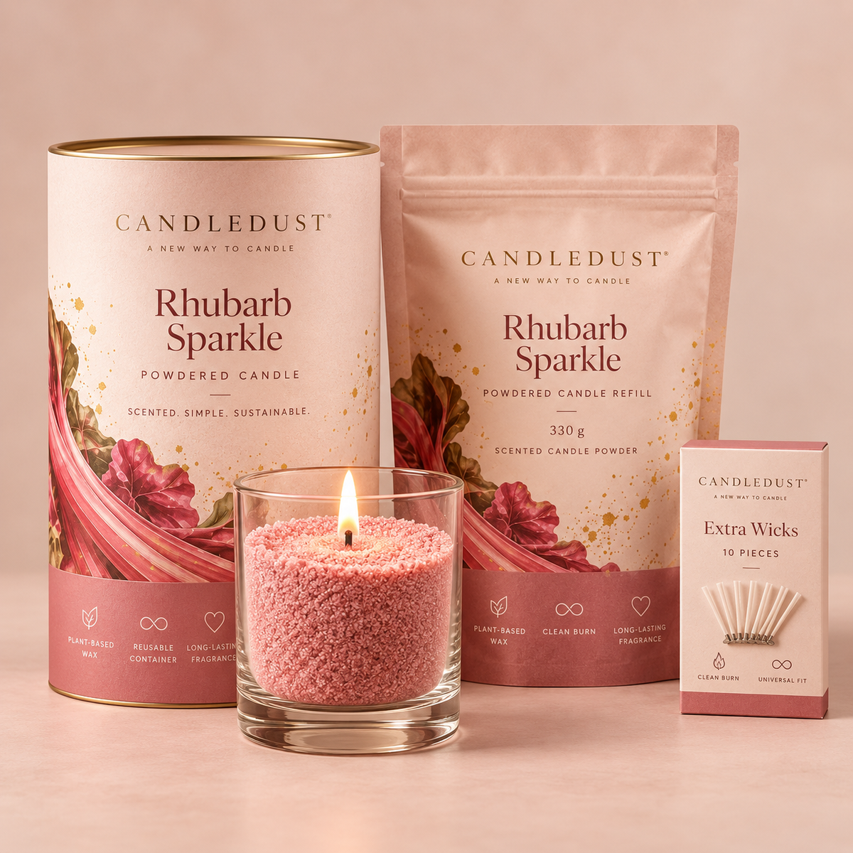Set Premium Vela en Polvo Rhubarb Sparkle · 4 piezas con vaso