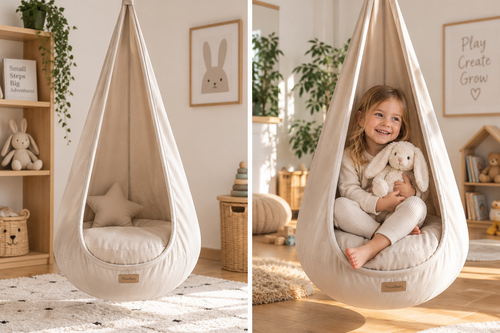 Niña usando el columpio Cocoon MeowBaby Aesthetic Crudo