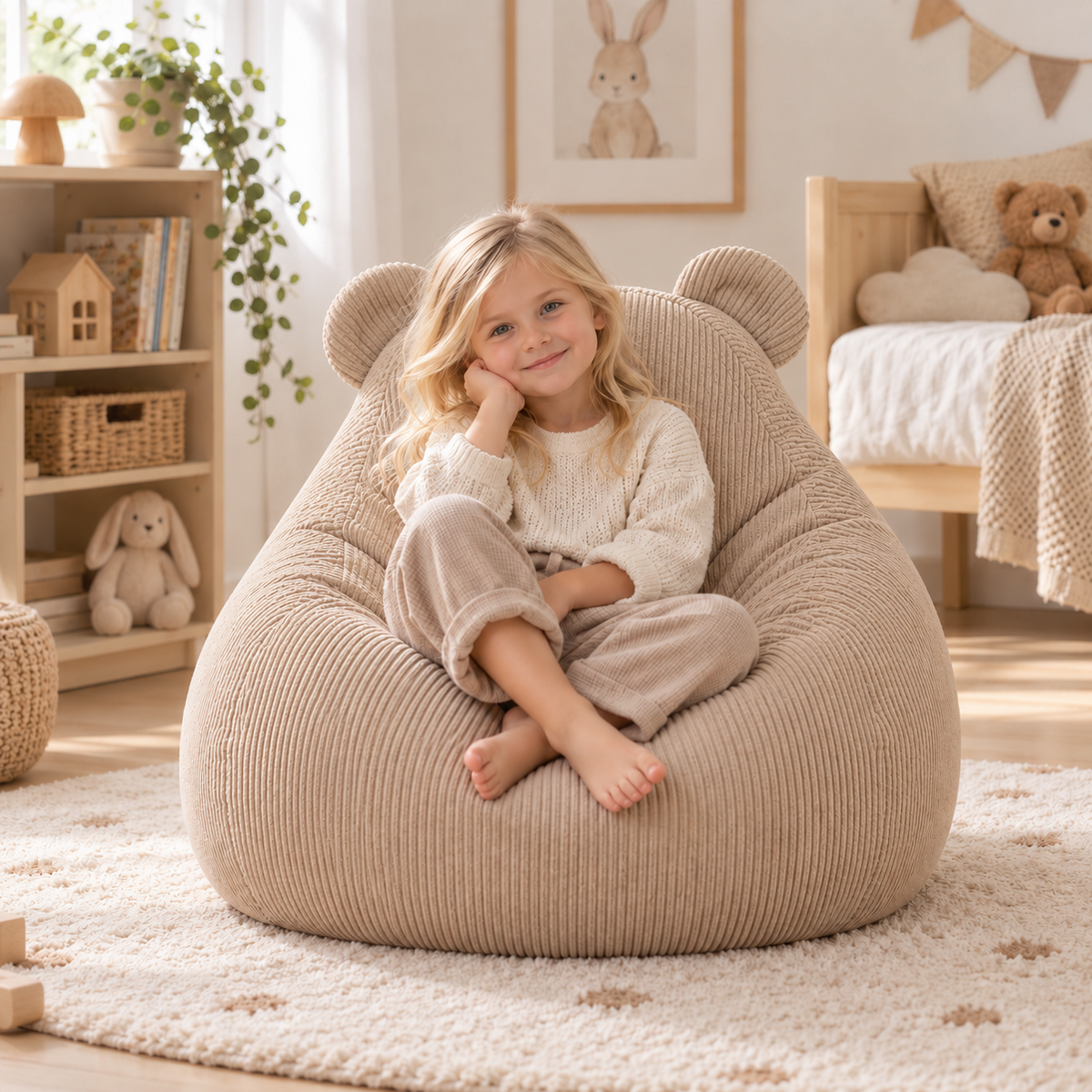 Niña sentada en Puf Sako Teddy MeowBaby Slimcord con dos orejas