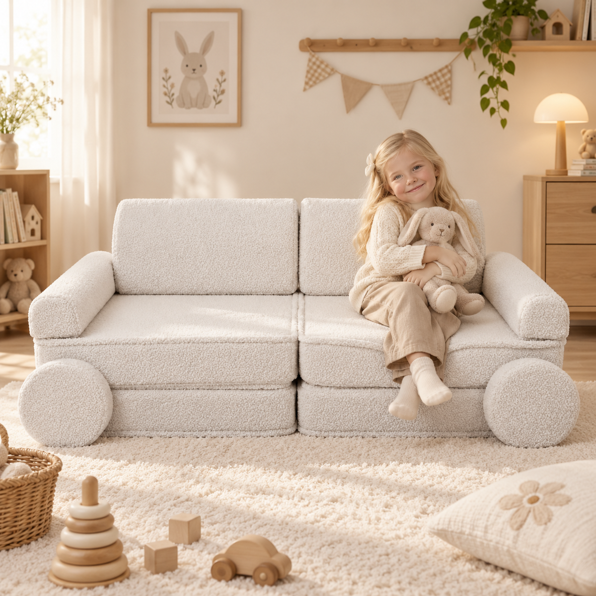 Sofá modular infantil MeowBaby Grande con niña en ambiente nórdico