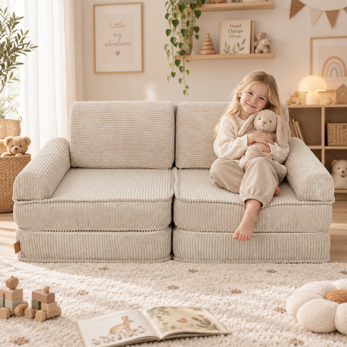 Sofá modular infantil MeowBaby Mediano con niña en ambiente nórdico