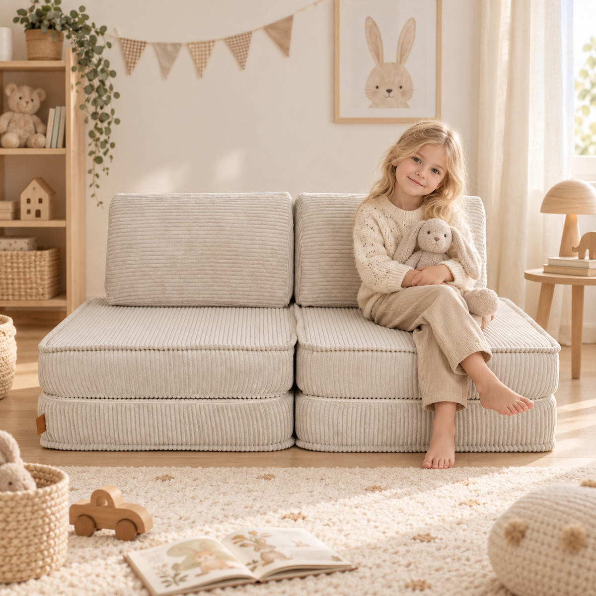 Sofá modular infantil MeowBaby Pequeño con niña en ambiente nórdico