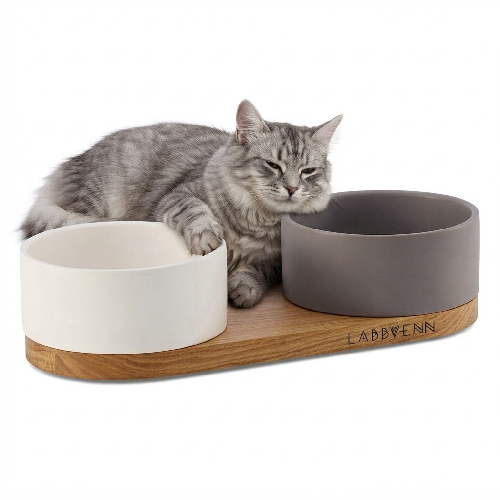 Vuku comedero doble blanco y cacao con gato